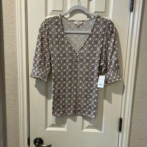 Lucky Brand NWT ~ Women's Cream & Tan Patterned Top ~ 3/4 Length Sleeves